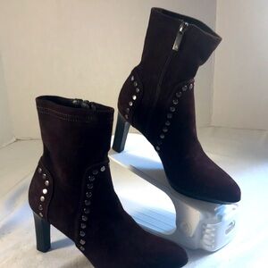 Aquatalia Women’s Rome’s Waterproof Dark Brown Silver Studs Suede Ankle Booties